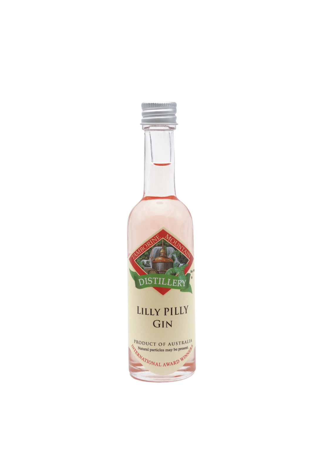 55ml handcrafted bottle of Tamborine Mountain Distillery’s Lilly Pilly Gin, in clear glass with small artisan label