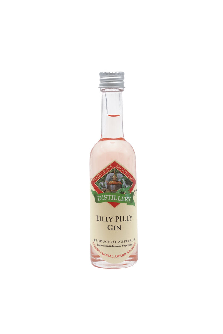 55ml handcrafted bottle of Tamborine Mountain Distillery’s Lilly Pilly Gin, in clear glass with small artisan label