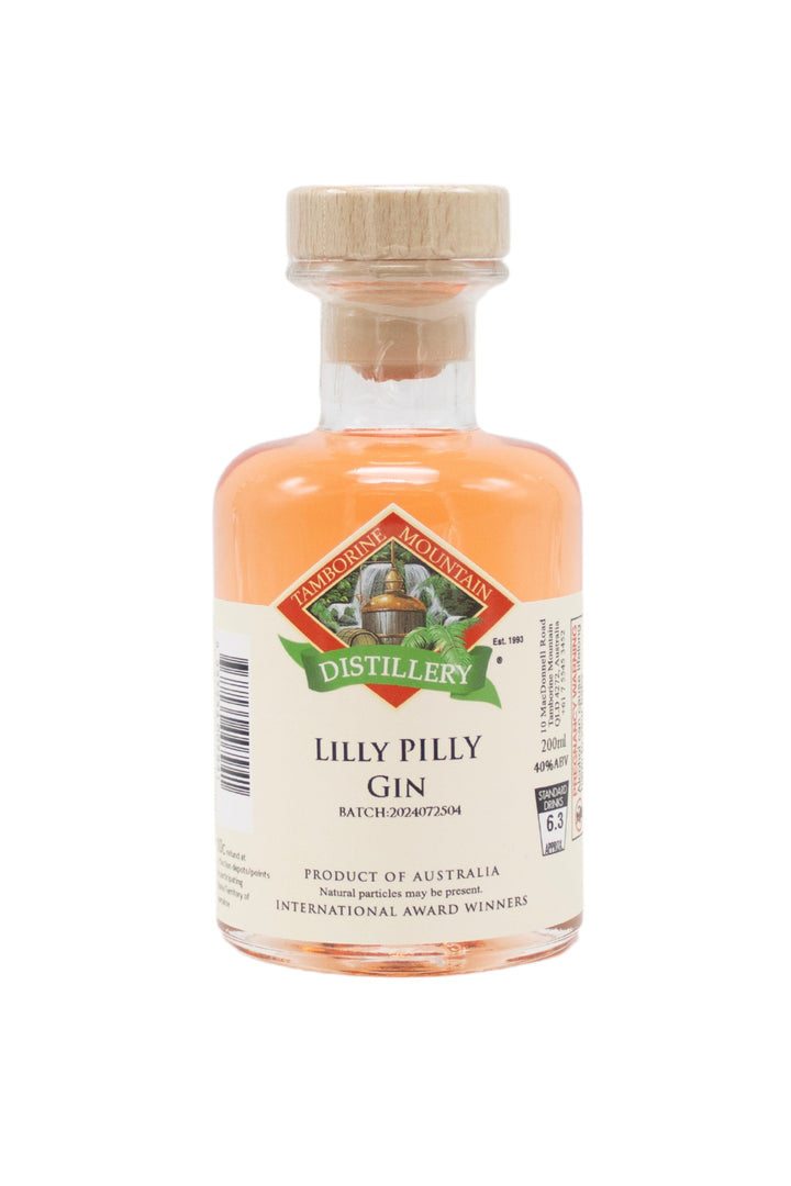 200ml handcrafted bottle of Tamborine Mountain Distillery’s Lilly Pilly Gin, in clear glass with small artisan label
