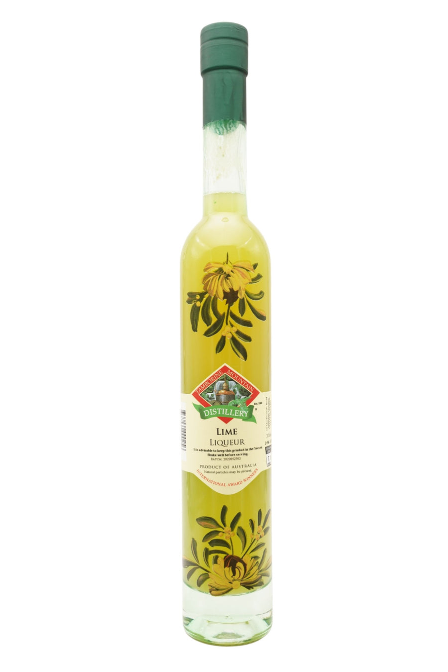 375ml handcrafted bottle of Tamborine Mountain Distillery’s Lime Liqueur, featuring botanical artwork, coloured glass, and small artisan label