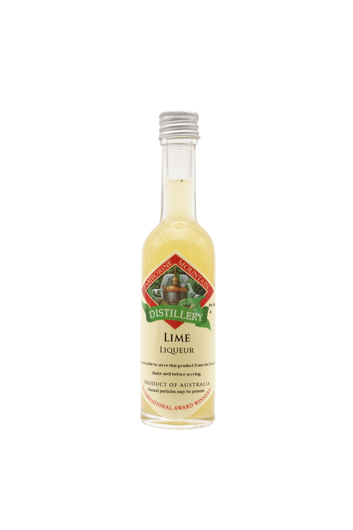 55ml handcrafted bottle of Tamborine Mountain Distillery’s Lime Liqueur, in clear glass with small artisan label