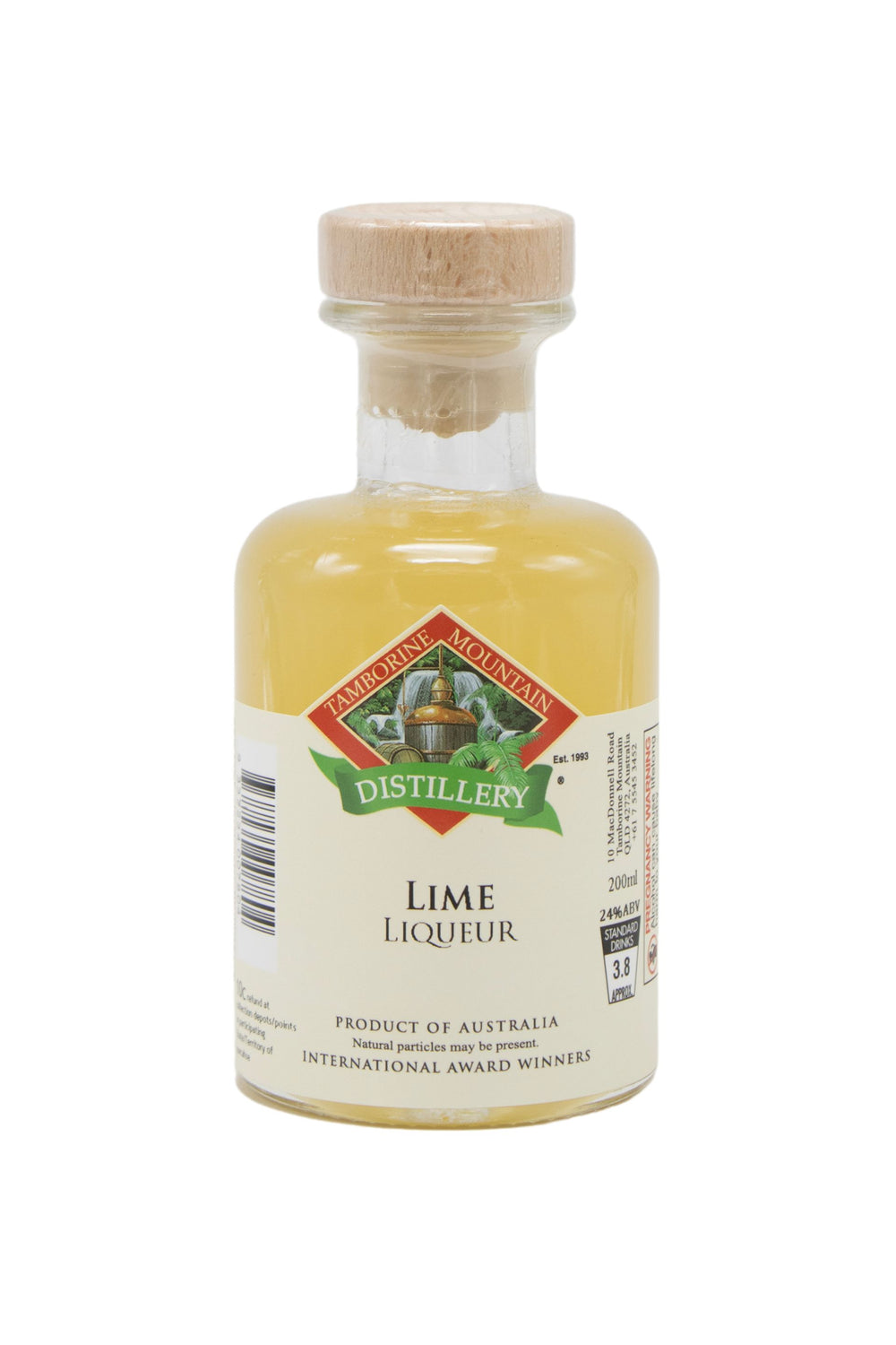 200ml handcrafted bottle of Tamborine Mountain Distillery’s Lime Liqueur, in clear glass with small artisan label
