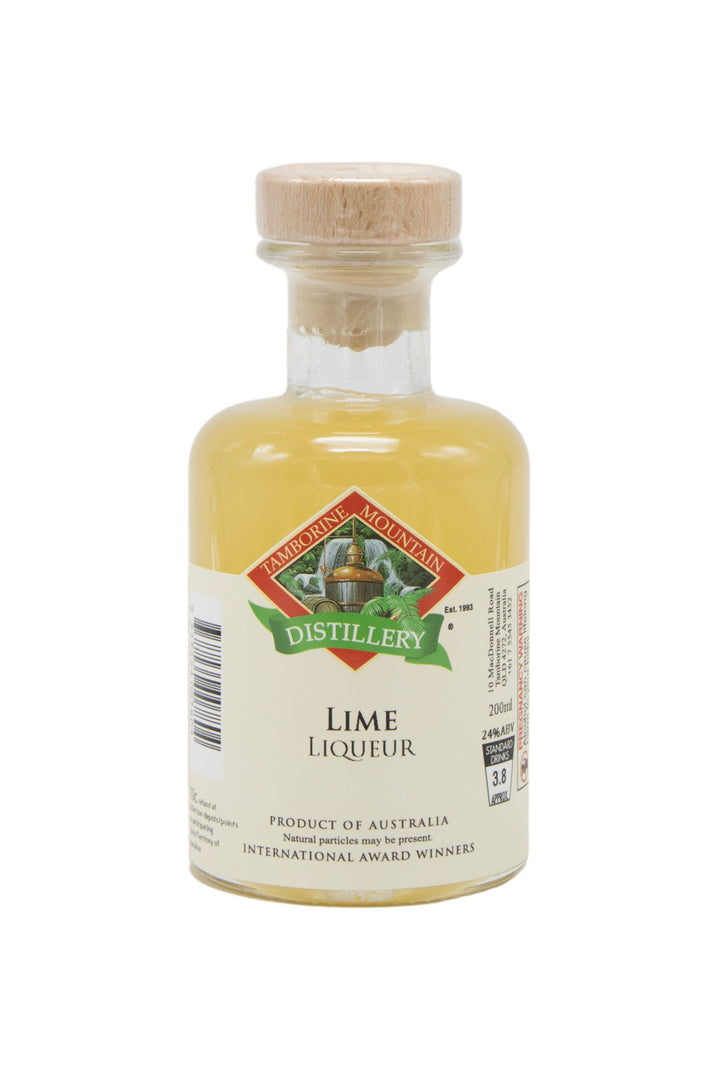 200ml handcrafted bottle of Tamborine Mountain Distillery’s Lime Liqueur, in clear glass with small artisan label
