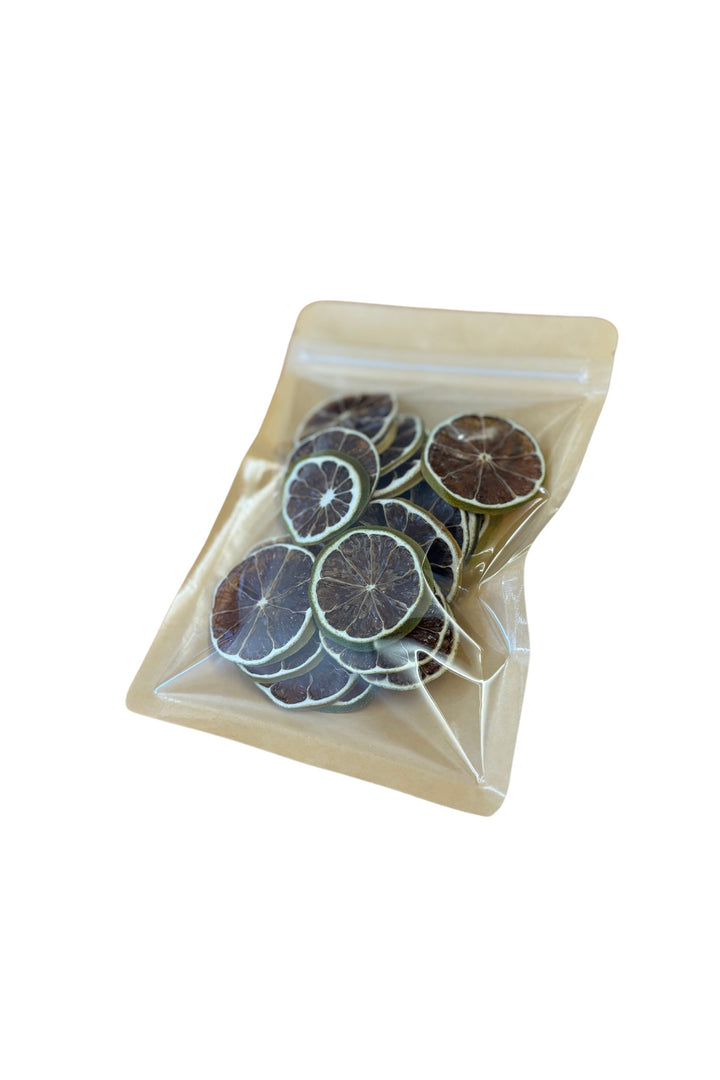 30g pack of Tamborine Mountain Distillery citrus fruit garnishes in a craft bag with a window, showcasing dried lime slices.