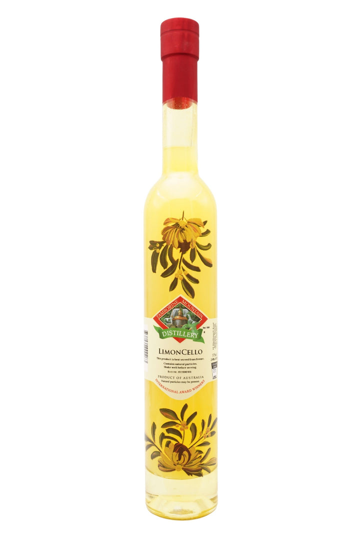 375ml handcrafted bottle of Tamborine Mountain Distillery’s Limoncello Liqueur, featuring botanical artwork, coloured glass, and small artisan label