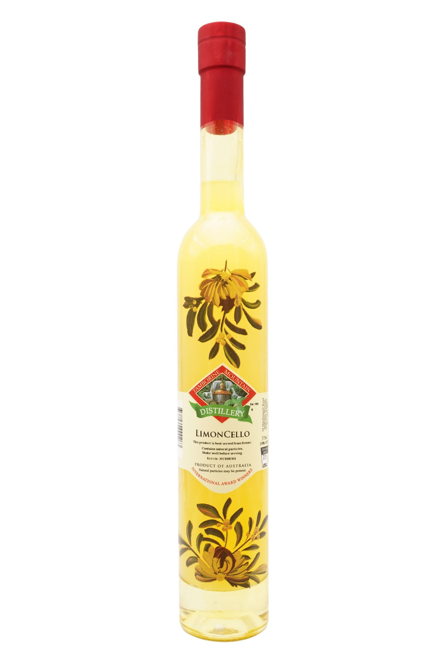 375ml handcrafted bottle of Tamborine Mountain Distillery’s Limoncello Liqueur, featuring botanical artwork, coloured glass, and small artisan label