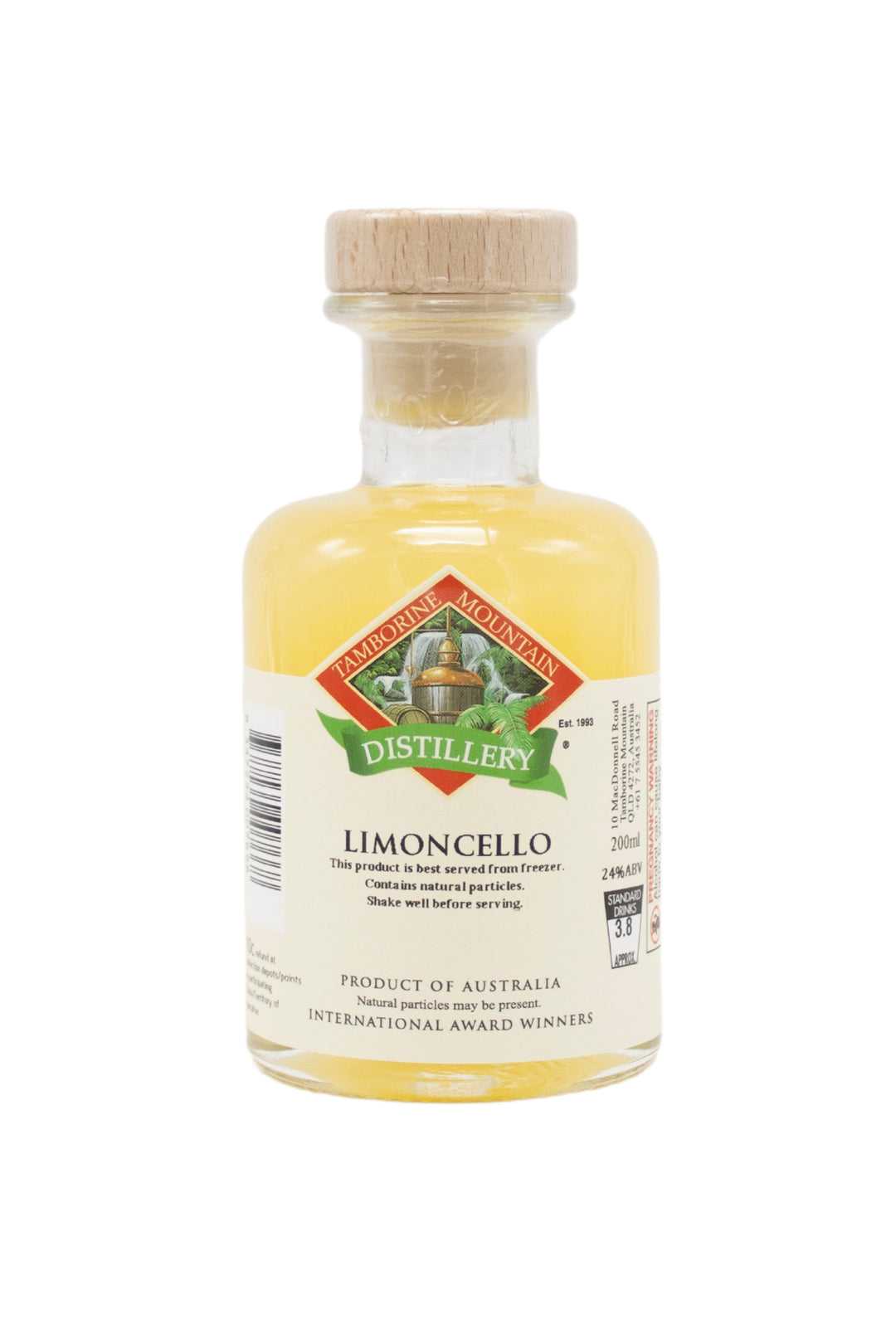 200ml handcrafted bottle of Tamborine Mountain Distillery’s Limoncello, in clear glass with small artisan label