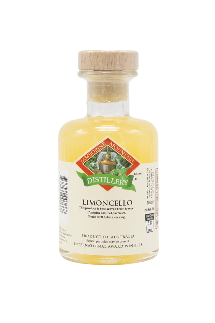 200ml handcrafted bottle of Tamborine Mountain Distillery’s Limoncello, in clear glass with small artisan label