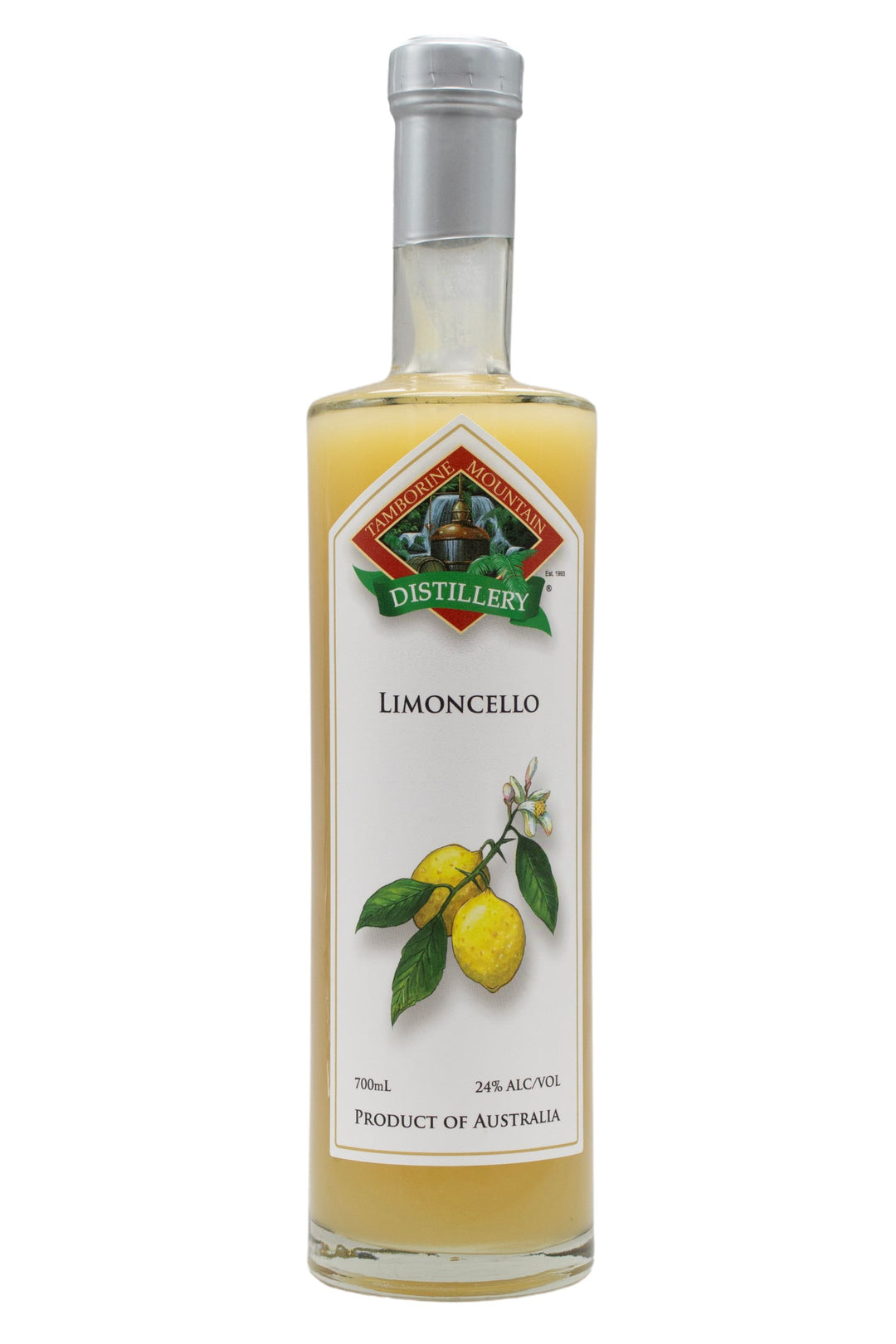 700ml clear glass bottle of Tamborine Mountain Distillery Limoncello, featuring a watercolour-style illustrated label reflecting its flavour profile.