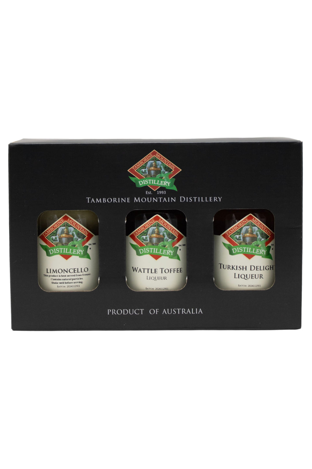 Tamborine Mountain Distillery 3 x 200ml Best Seller pack gift box, closed, with branding and design visible.