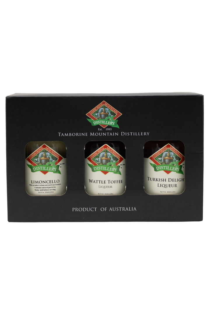 Tamborine Mountain Distillery 3 x 200ml Best Seller pack gift box, closed, with branding and design visible.