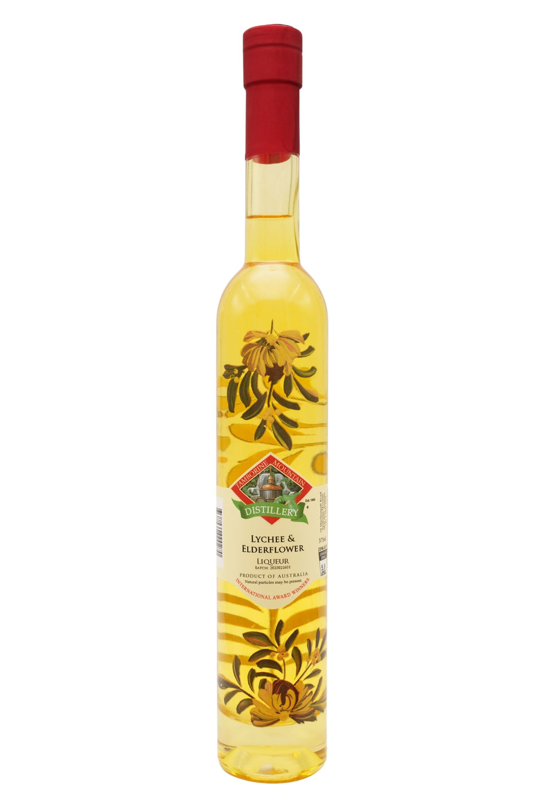 375ml handcrafted bottle of Tamborine Mountain Distillery’s Lychee & Elderflower Liqueur, featuring botanical artwork, coloured glass, and small artisan label
