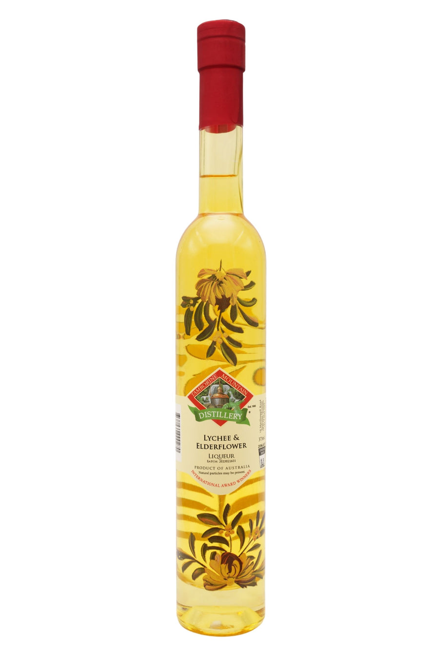 375ml handcrafted bottle of Tamborine Mountain Distillery’s Lychee & Elderflower Liqueur, featuring botanical artwork, coloured glass, and small artisan label