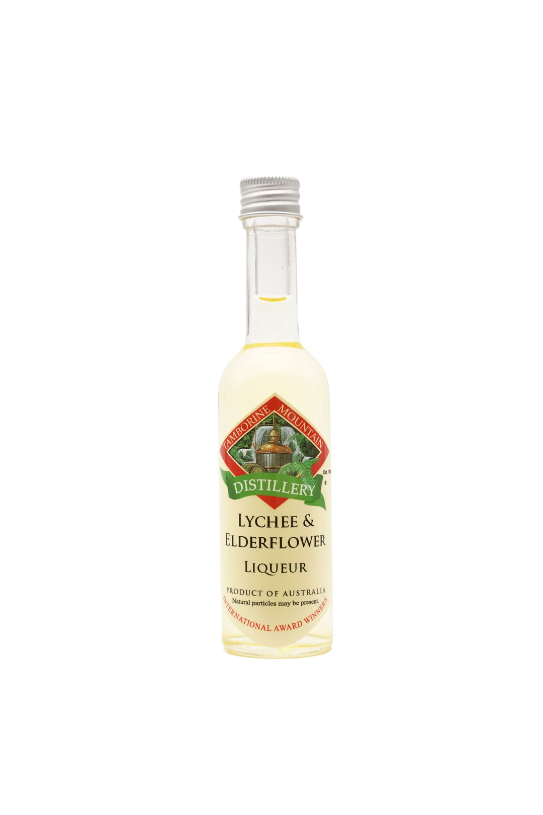 55ml handcrafted bottle of Tamborine Mountain Distillery’s Lychee & Elderflower Liqueur, in clear glass with small artisan label