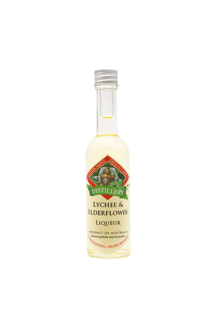 55ml handcrafted bottle of Tamborine Mountain Distillery’s Lychee & Elderflower Liqueur, in clear glass with small artisan label