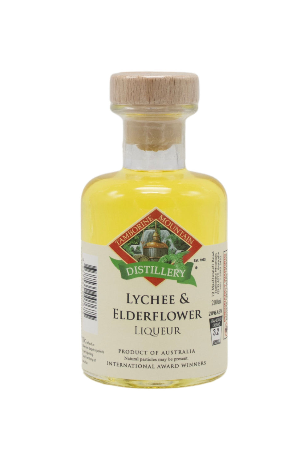 200ml handcrafted bottle of Tamborine Mountain Distillery’s Lychee & Elderflower Liqueur, in clear glass with small artisan label