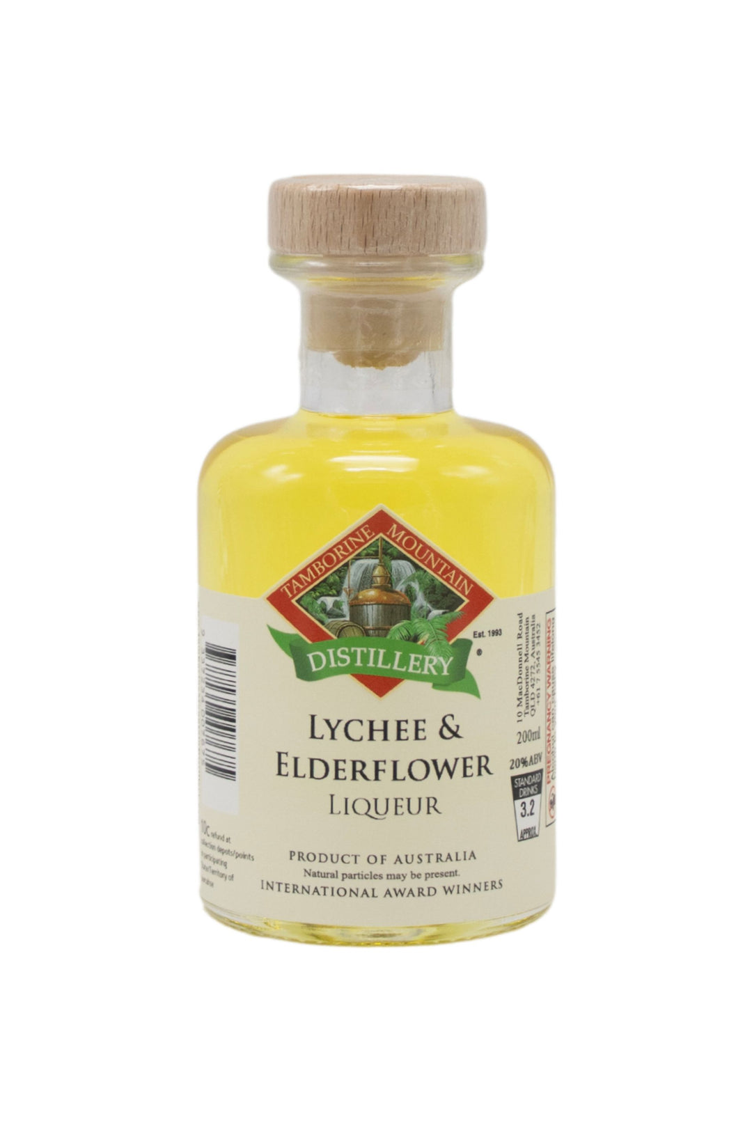 200ml handcrafted bottle of Tamborine Mountain Distillery’s Lychee & Elderflower Liqueur, in clear glass with small artisan label