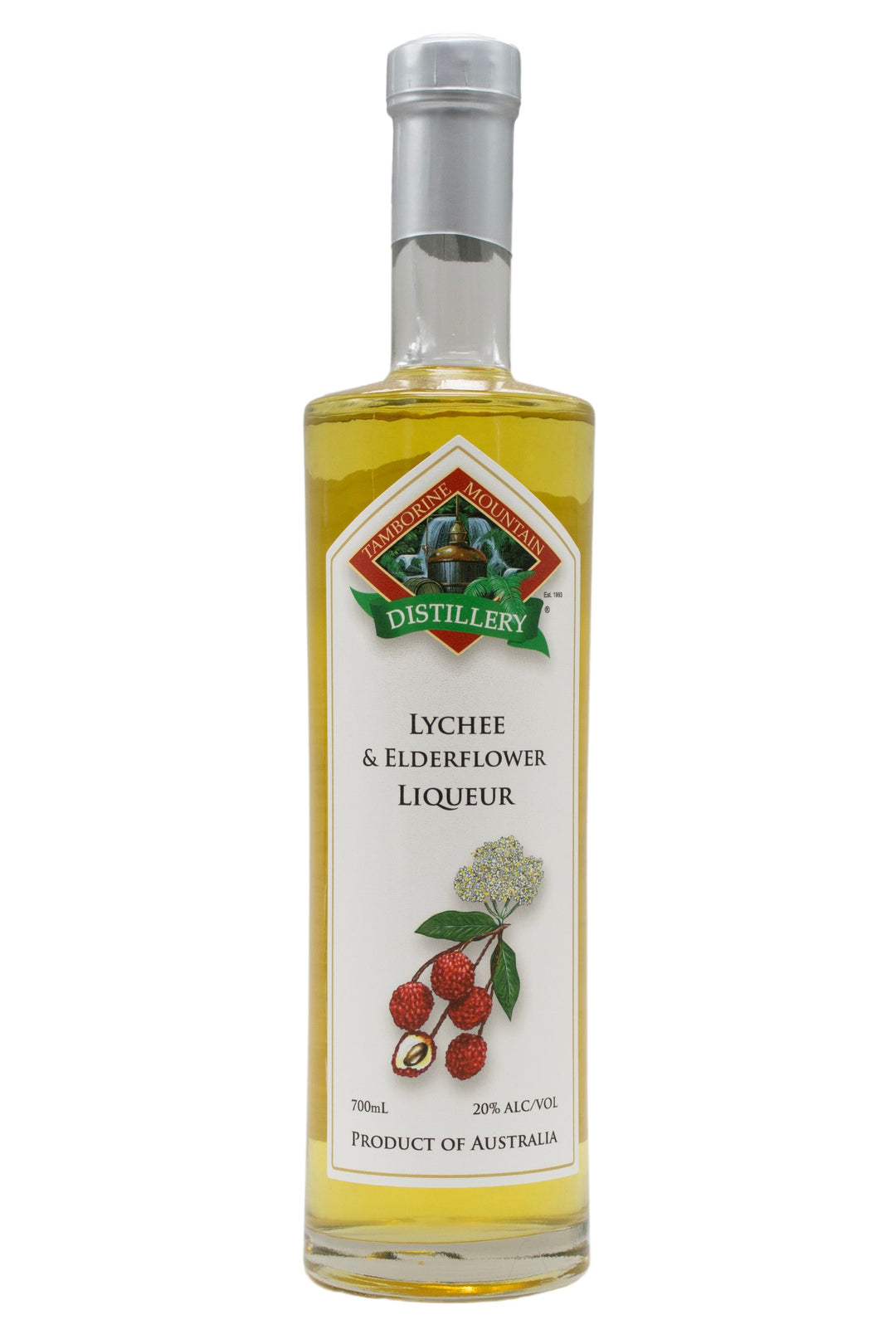 700ml clear glass bottle of Tamborine Mountain Distillery Lychee & Elderflower Liqueur, featuring a watercolour-style illustrated label reflecting its flavour profile.