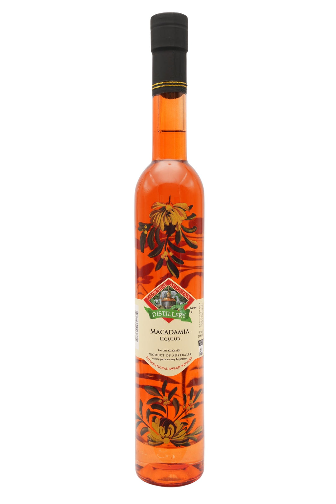 375ml handcrafted bottle of Tamborine Mountain Distillery’s Macadamia Liqueur, featuring botanical artwork, coloured glass, and small artisan label