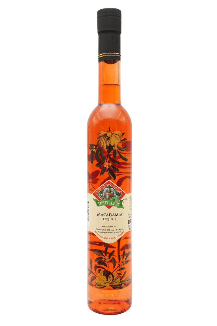 375ml handcrafted bottle of Tamborine Mountain Distillery’s Macadamia Liqueur, featuring botanical artwork, coloured glass, and small artisan label