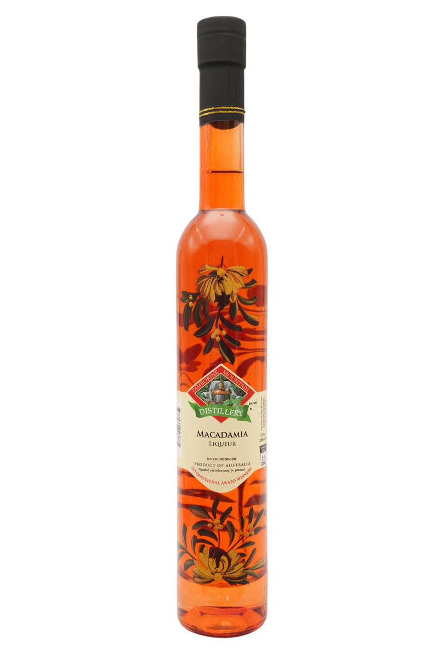 375ml handcrafted bottle of Tamborine Mountain Distillery’s Macadamia Liqueur, featuring botanical artwork, coloured glass, and small artisan label