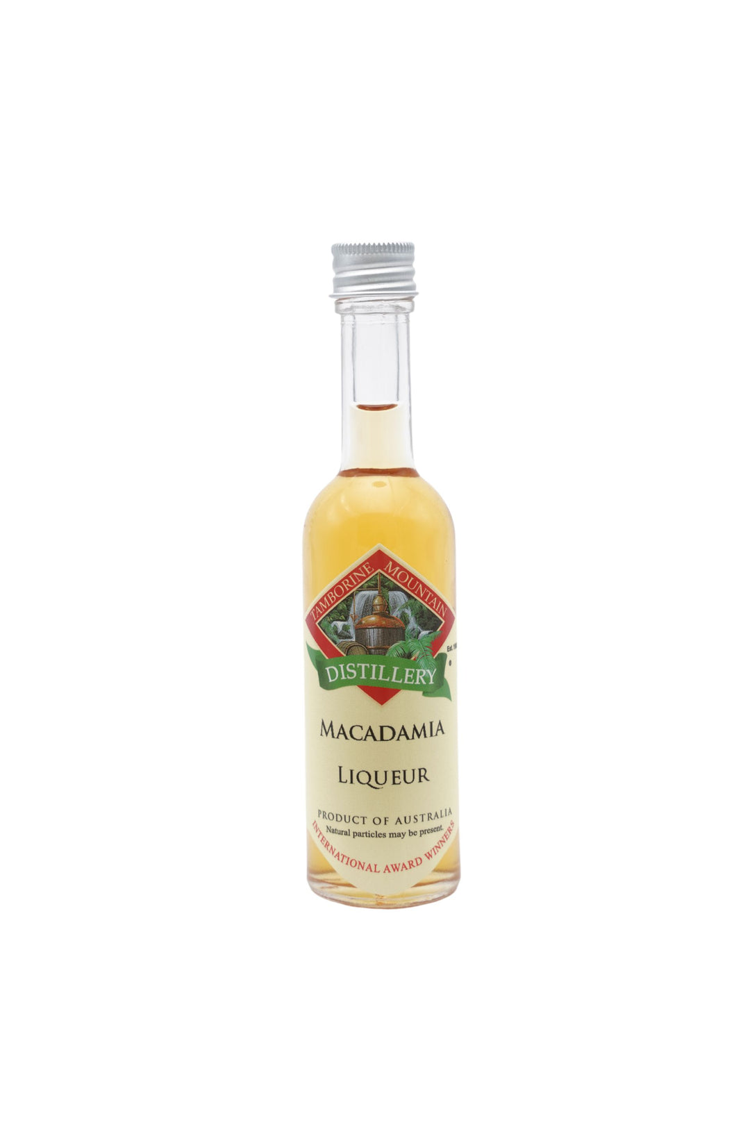 55ml handcrafted bottle of Tamborine Mountain Distillery’s Macadamia Liqueur, in clear glass with small artisan label