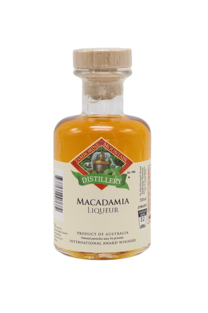 200ml handcrafted bottle of Tamborine Mountain Distillery’s Macadamia Liqueur, in clear glass with small artisan label
