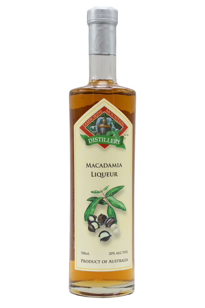 700ml clear glass bottle of Tamborine Mountain Distillery Macadamia Liqueur, featuring a watercolour-style illustrated label reflecting its flavour profile.