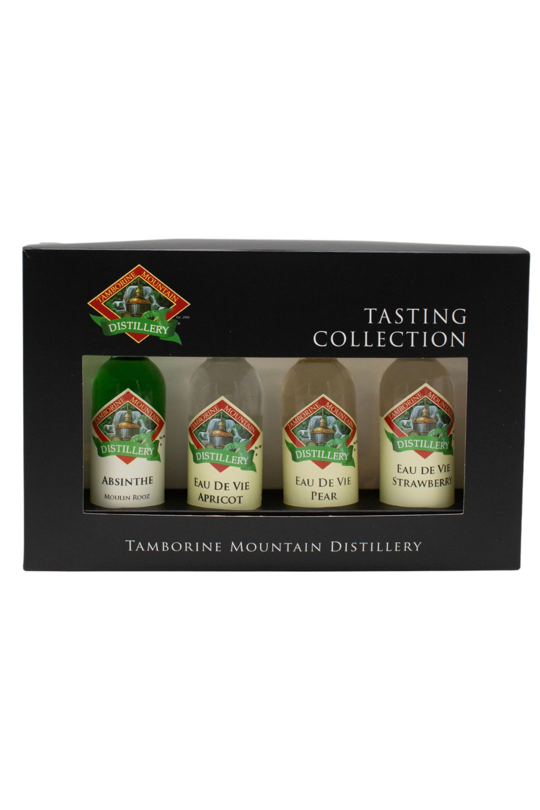 Tamborine Mountain Distillery 4 x 55ml Eau de Vie pack gift box, closed, with branding and design visible.
