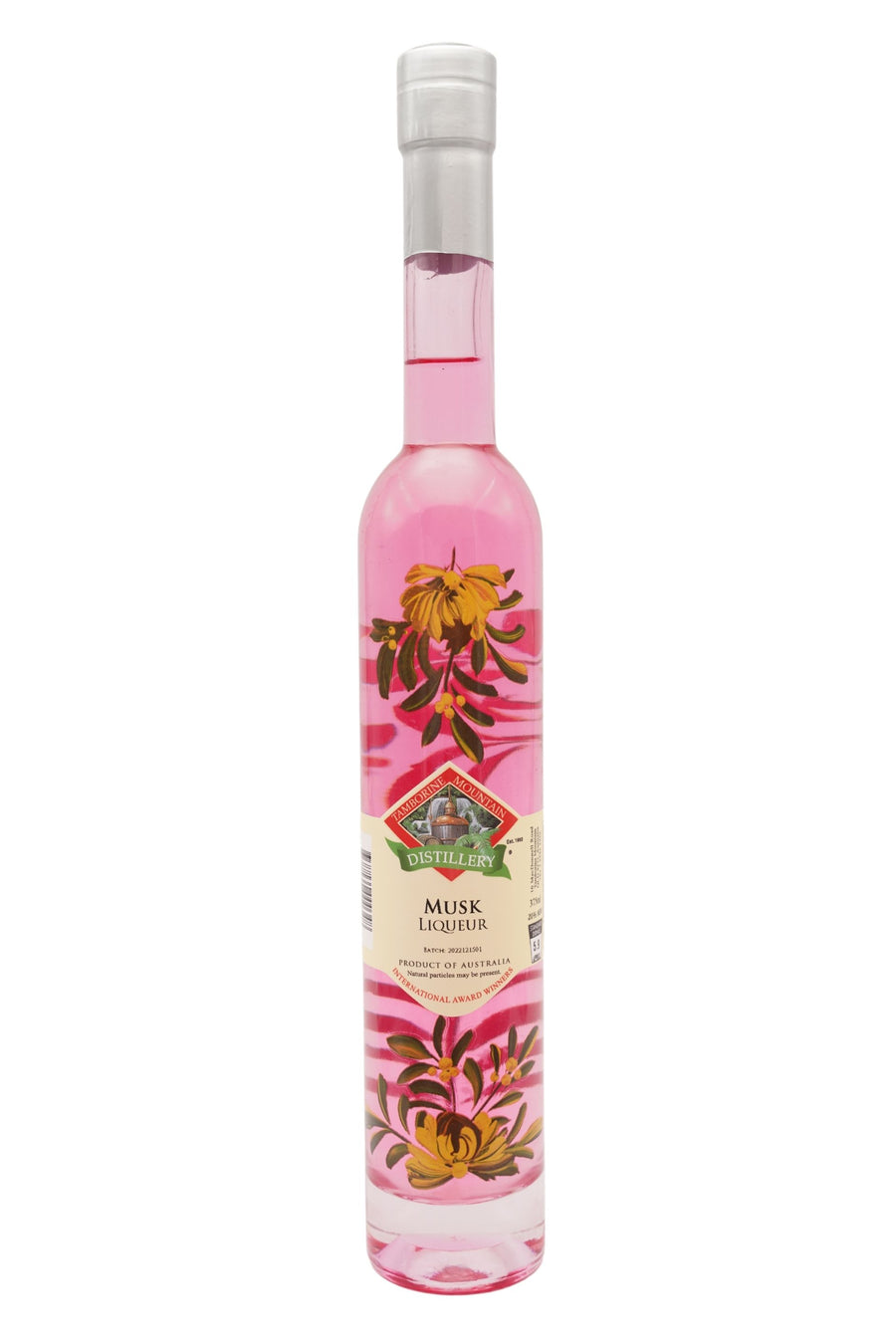 375ml handcrafted bottle of Tamborine Mountain Distillery’s Musk Liqueur, featuring botanical artwork, coloured glass, and small artisan label
