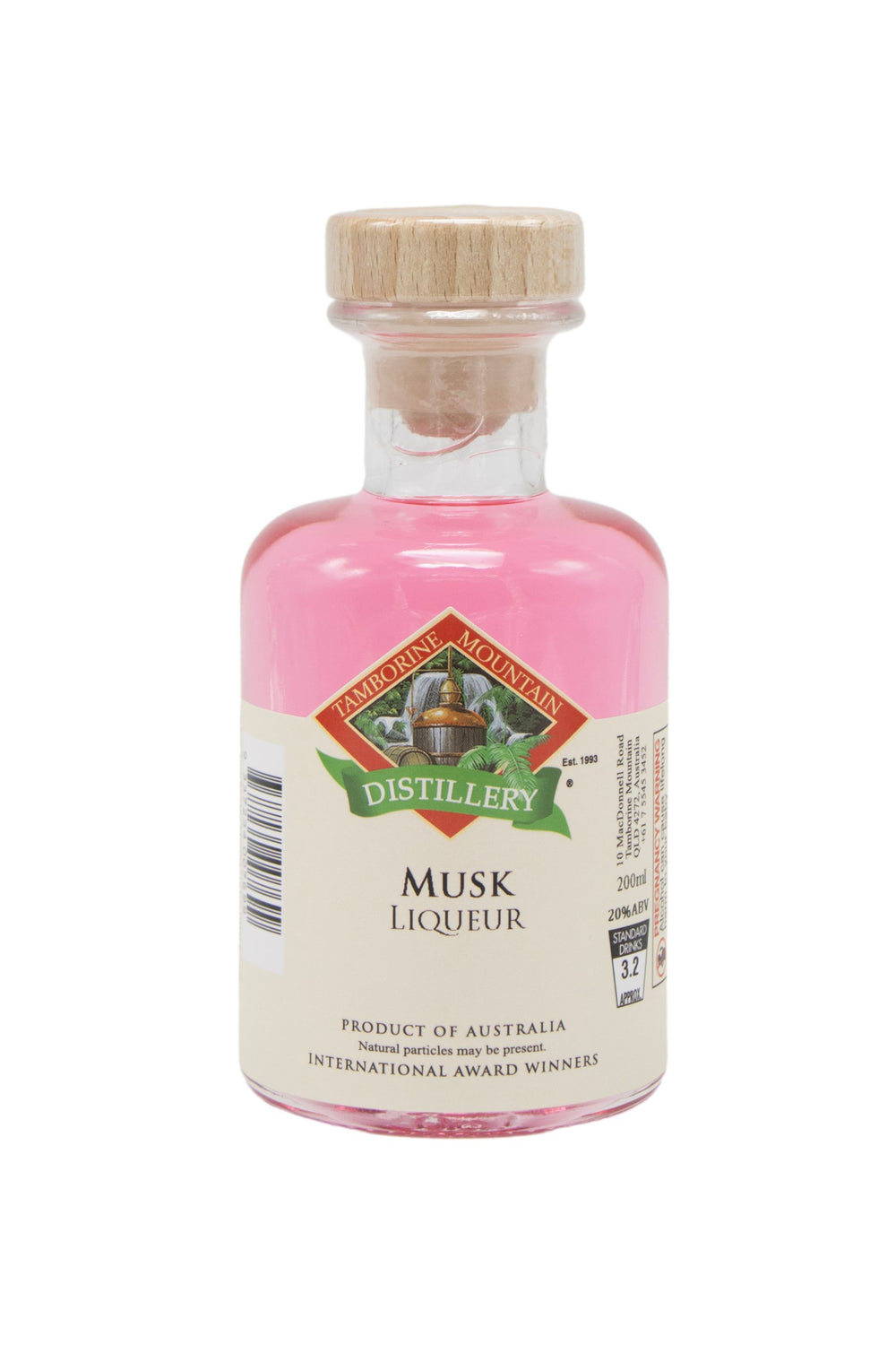 200ml handcrafted bottle of Tamborine Mountain Distillery’s Musk Liqueur, in clear glass with small artisan label