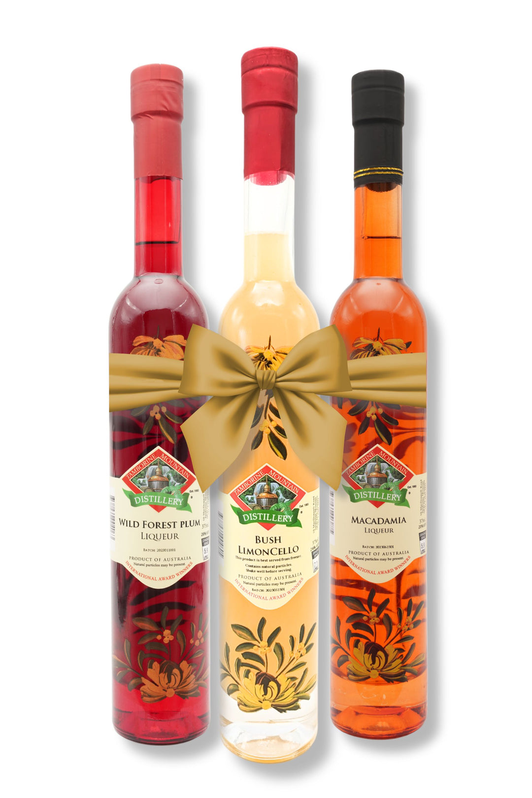 Father’s Day bundle from Tamborine Mountain Distillery featuring three bottles Wild forest Plum liqueur, Bush Limoncello and Macadamia Liqueur