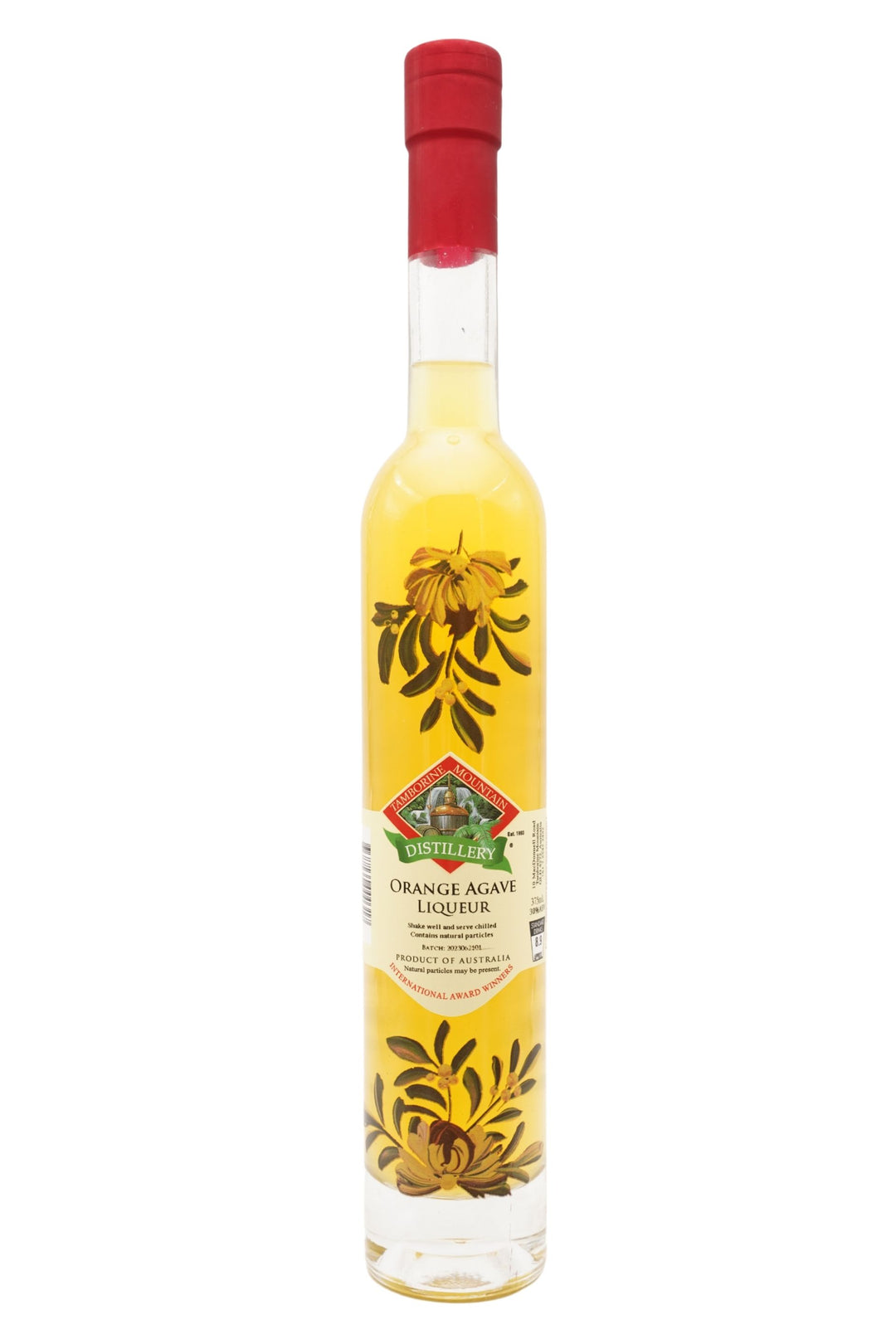 375ml handcrafted bottle of Tamborine Mountain Distillery’s Orange Agave Liqueur, featuring botanical artwork, coloured glass, and small artisan label