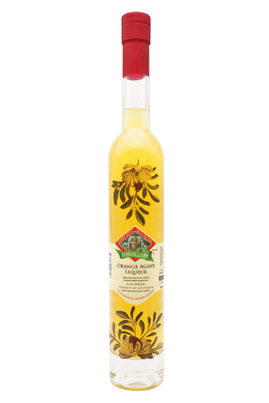 375ml handcrafted bottle of Tamborine Mountain Distillery’s Orange Agave Liqueur, featuring botanical artwork, coloured glass, and small artisan label