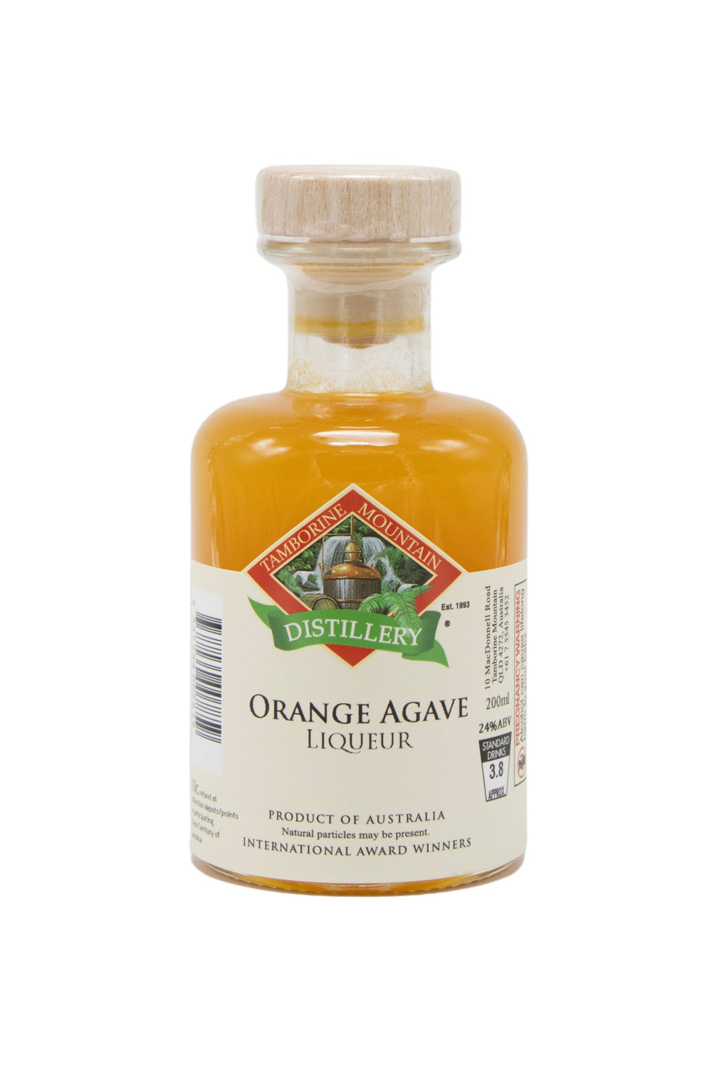 200ml handcrafted bottle of Tamborine Mountain Distillery’s Orange Agave Liqueur, in clear glass with small artisan label