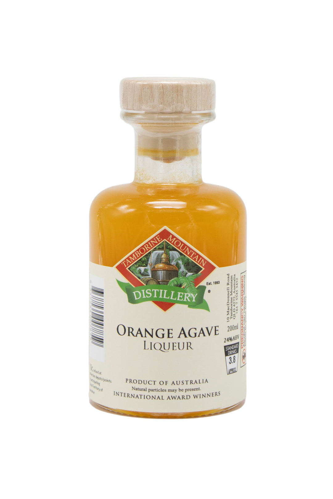 200ml handcrafted bottle of Tamborine Mountain Distillery’s Orange Agave Liqueur, in clear glass with small artisan label