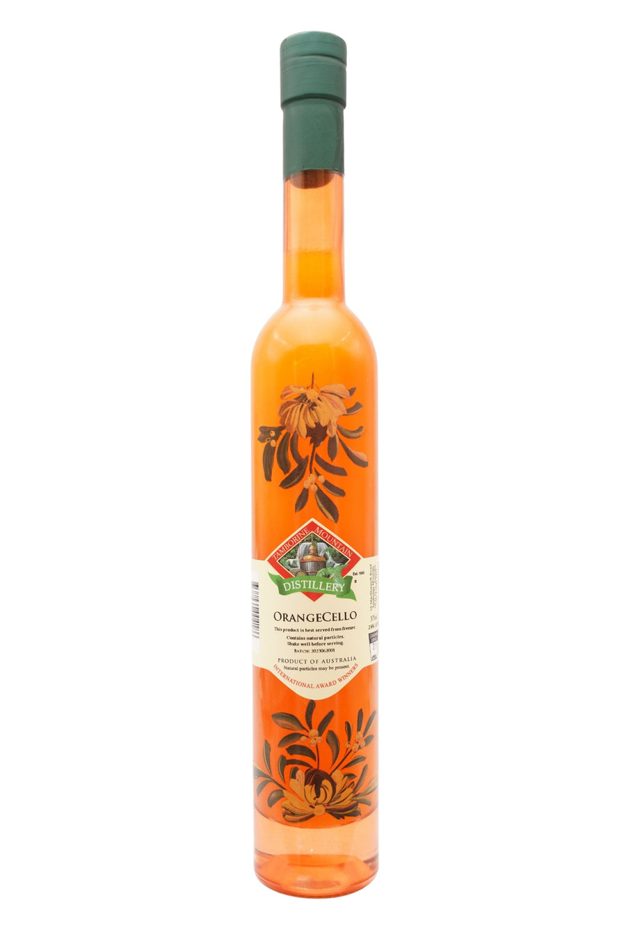 375ml handcrafted bottle of Tamborine Mountain Distillery’s Orangecello, featuring botanical artwork, coloured glass, and small artisan label