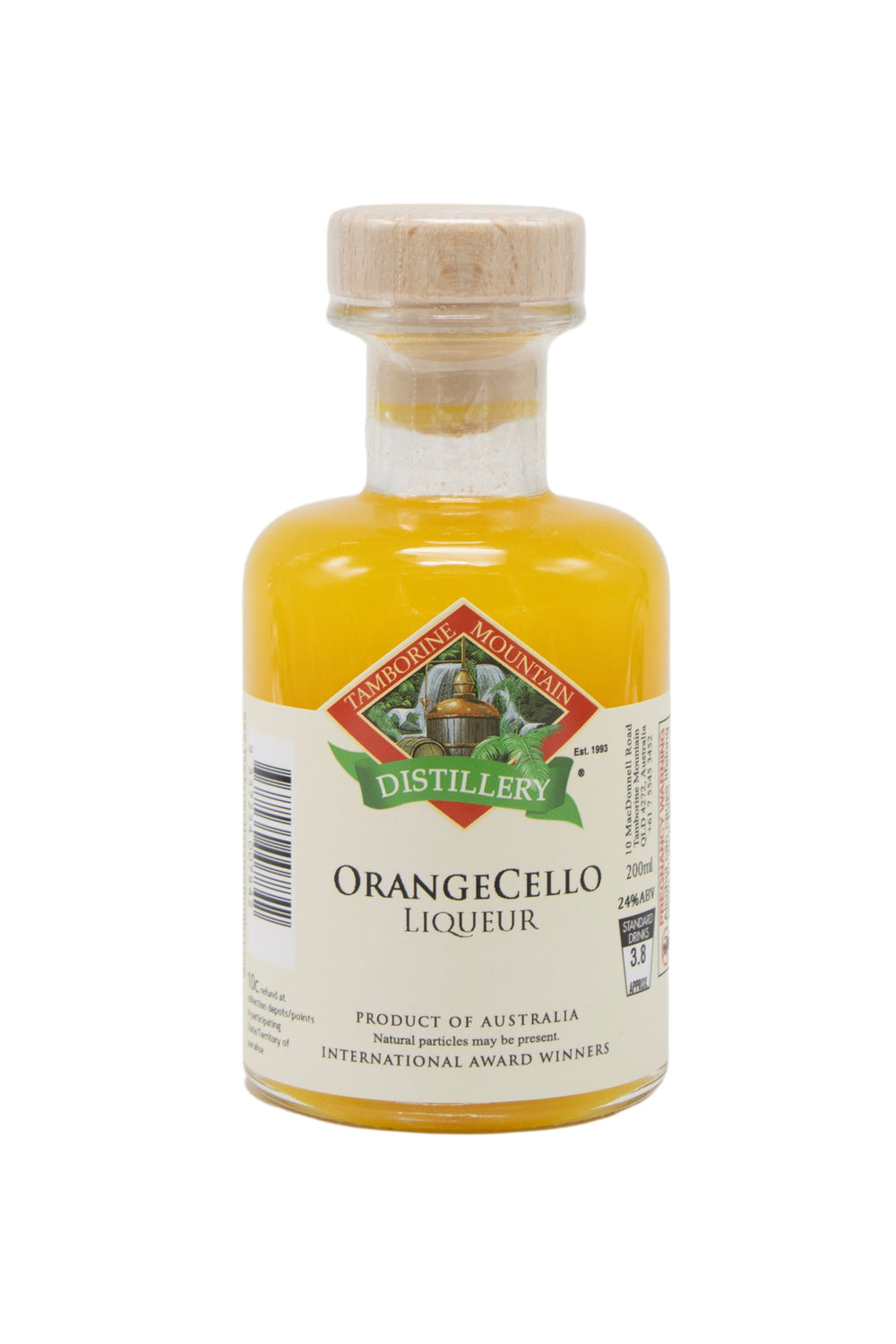 200ml handcrafted bottle of Tamborine Mountain Distillery’s Orangecello, in clear glass with small artisan label