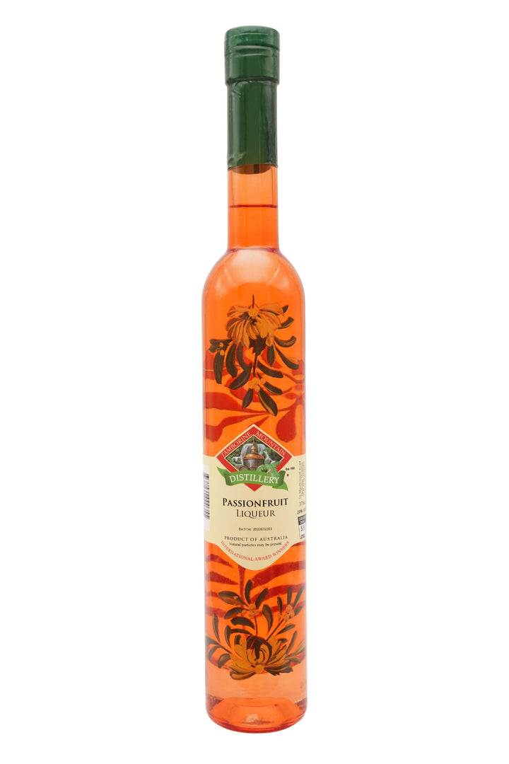 375ml handcrafted bottle of Tamborine Mountain Distillery’s Passionfruit Liqueur, featuring botanical artwork, coloured glass, and small artisan label