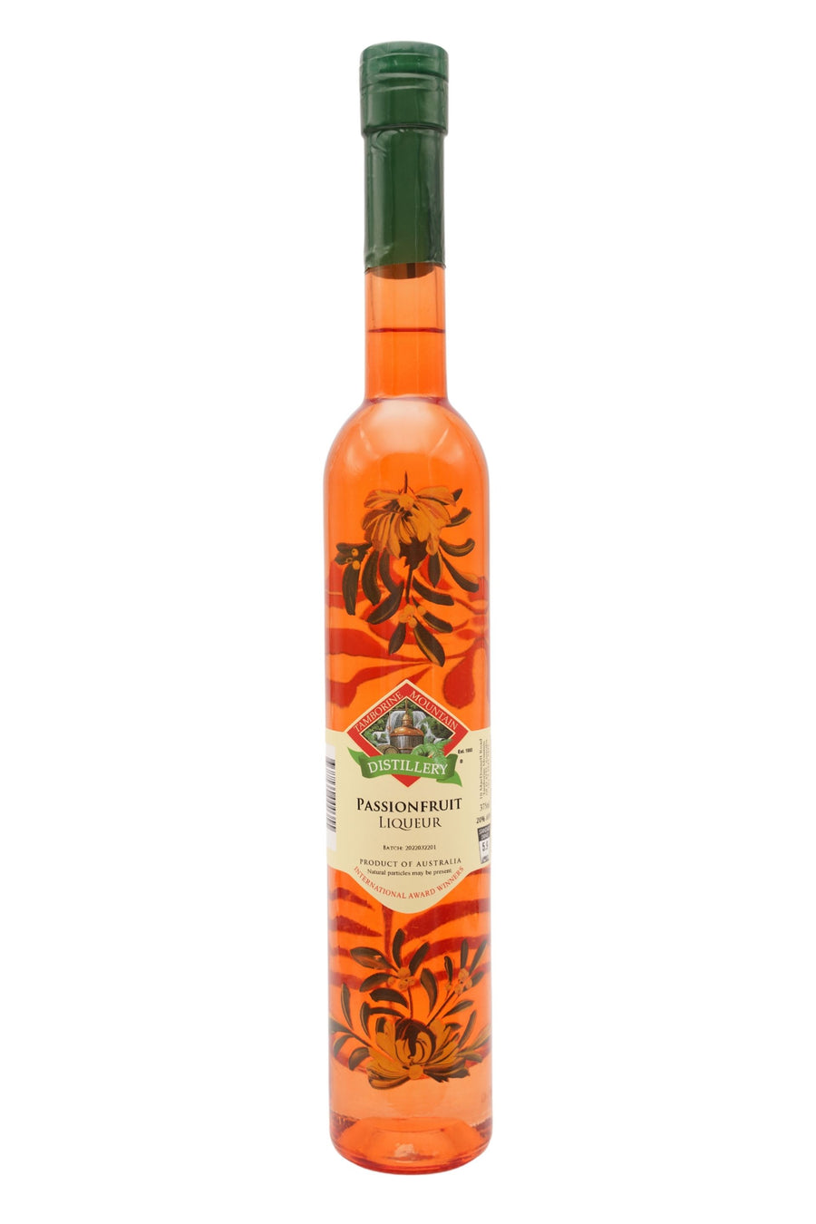 375ml handcrafted bottle of Tamborine Mountain Distillery’s Passionfruit Liqueur, featuring botanical artwork, coloured glass, and small artisan label