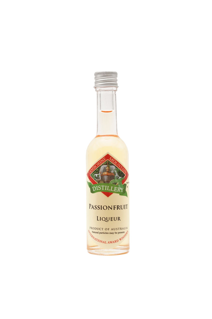 55ml handcrafted bottle of Tamborine Mountain Distillery’s Passionfruit Liqueur, in clear glass with small artisan label