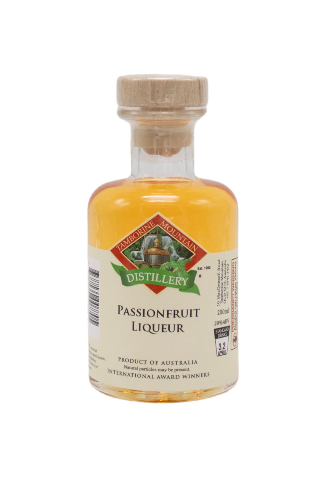 200ml handcrafted bottle of Tamborine Mountain Distillery’s Passionfruit Liqueur, in clear glass with small artisan label