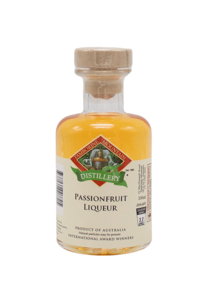 200ml handcrafted bottle of Tamborine Mountain Distillery’s Passionfruit Liqueur, in clear glass with small artisan label