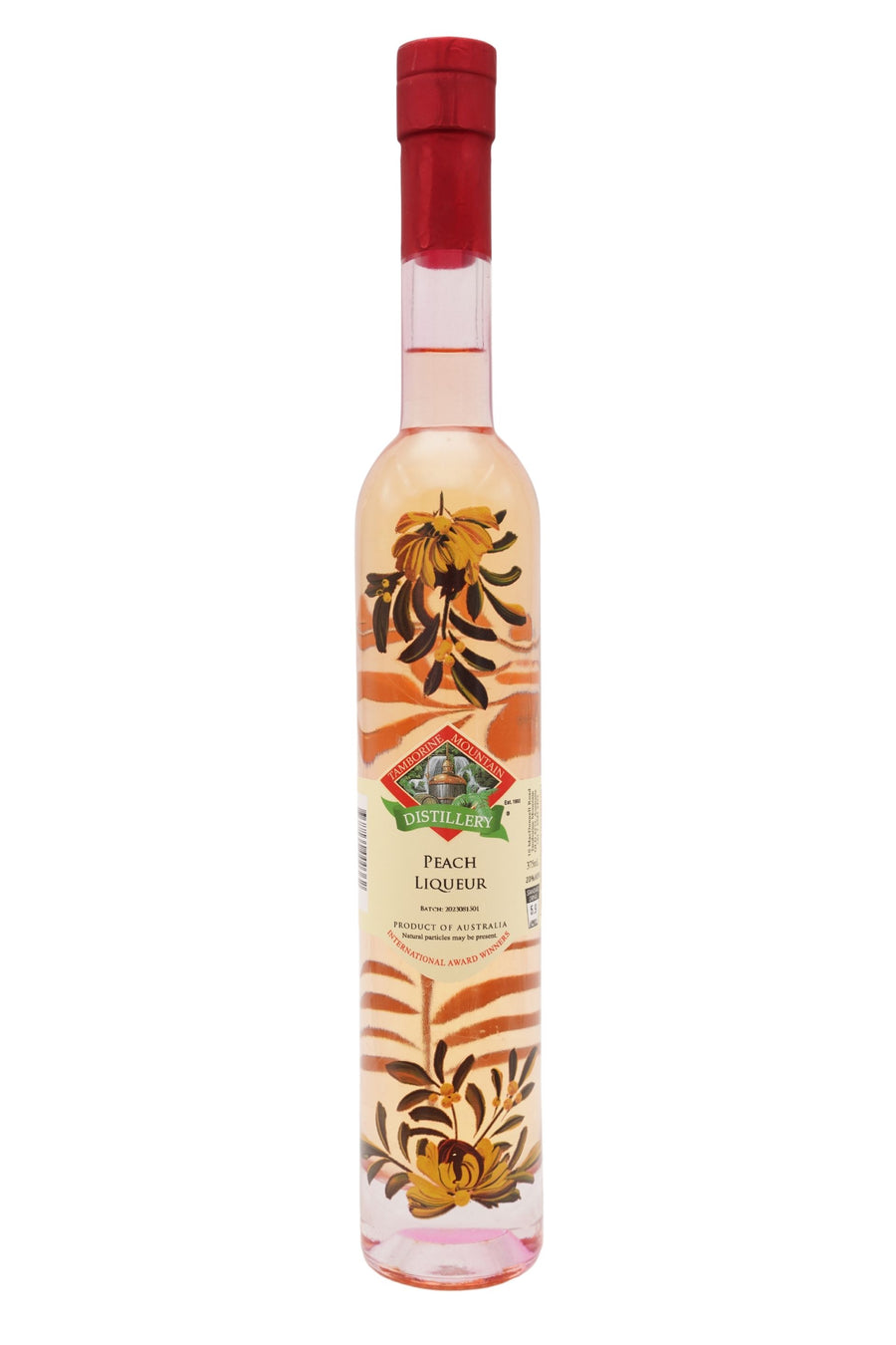375ml handcrafted bottle of Tamborine Mountain Distillery’s Peach Liqueur, featuring botanical artwork, coloured glass, and small artisan label
