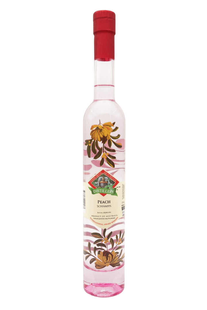 375ml handcrafted bottle of Tamborine Mountain Distillery’s Peach Schnapps featuring botanical artwork, coloured glass, and small artisan label