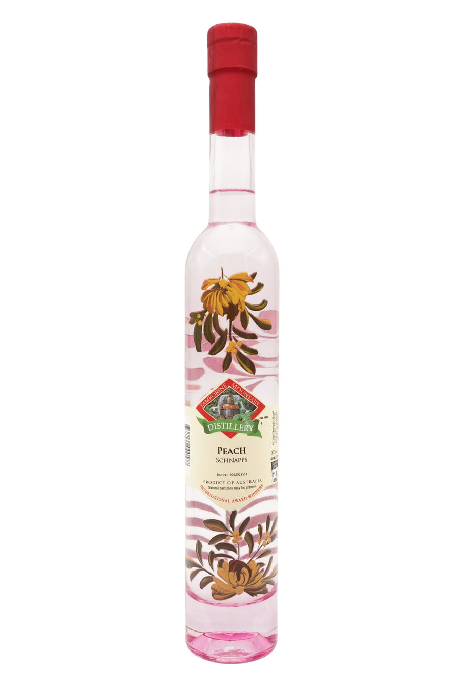 375ml handcrafted bottle of Tamborine Mountain Distillery’s Peach Schnapps featuring botanical artwork, coloured glass, and small artisan label