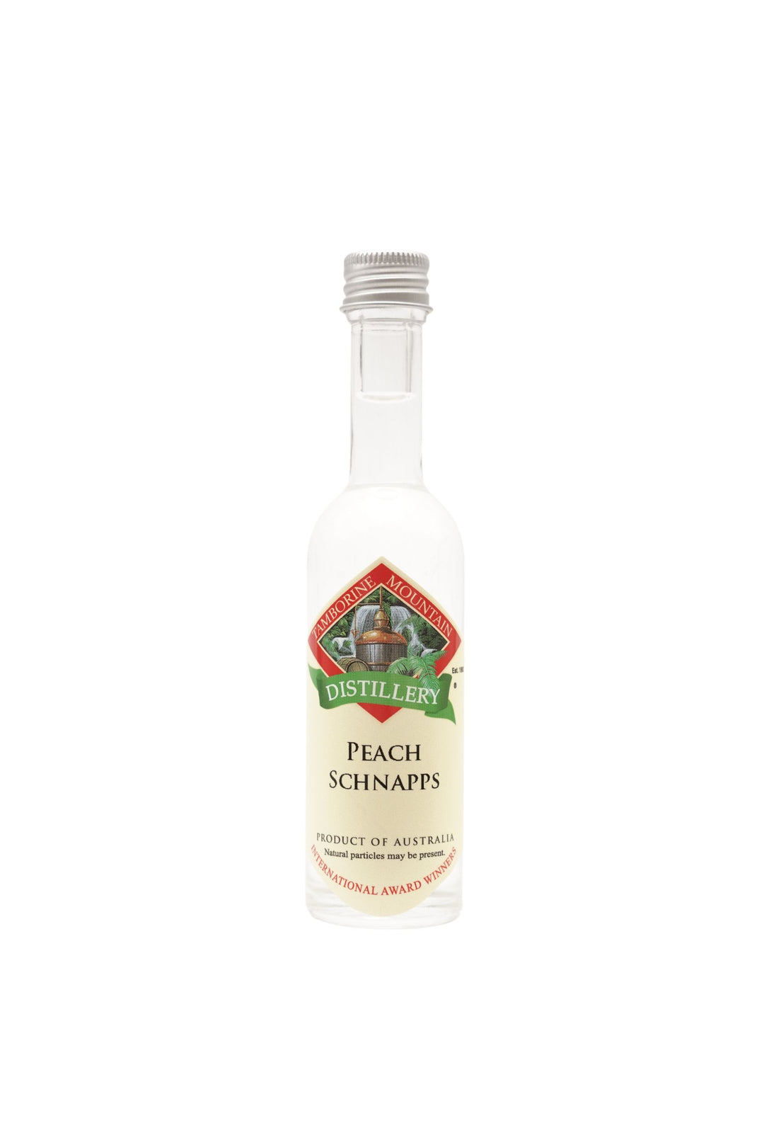 55ml handcrafted bottle of Tamborine Mountain Distillery’s Peach Schnapps, in clear glass with small artisan label