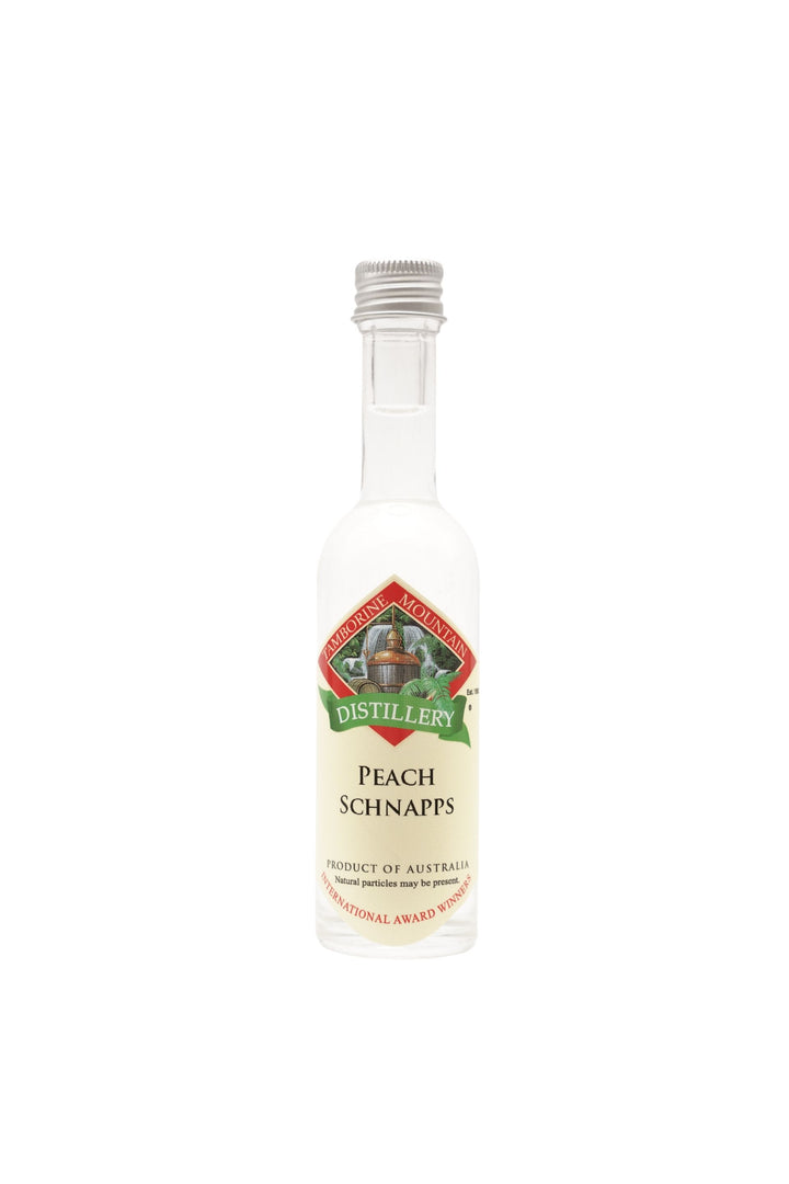55ml handcrafted bottle of Tamborine Mountain Distillery’s Peach Schnapps, in clear glass with small artisan label