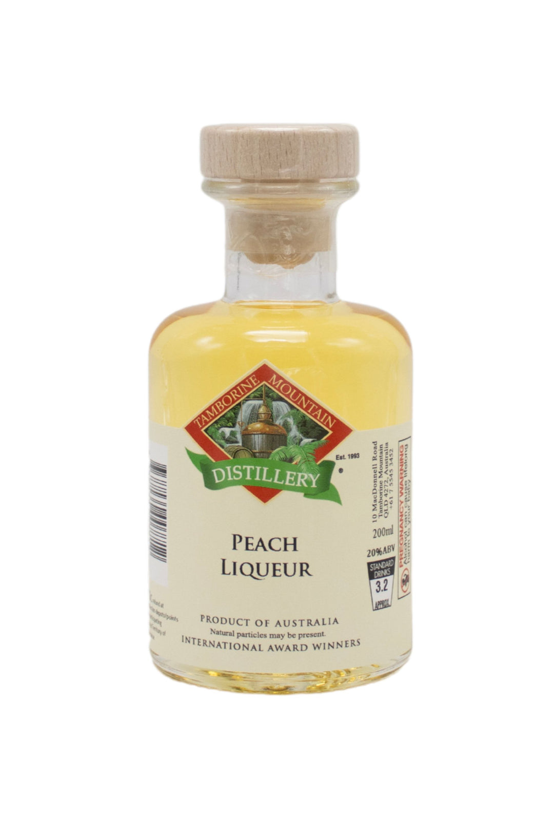 200ml handcrafted bottle of Tamborine Mountain Distillery’s Peach Liqueur, in clear glass with small artisan label