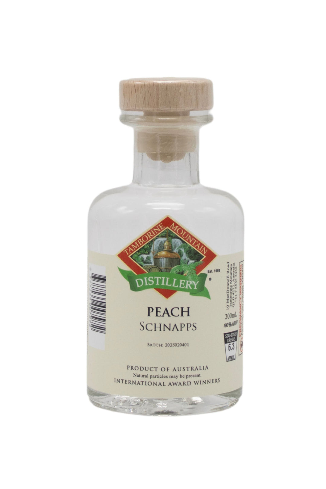 200ml handcrafted bottle of Tamborine Mountain Distillery’s Peach Schnapps, in clear glass with small artisan label